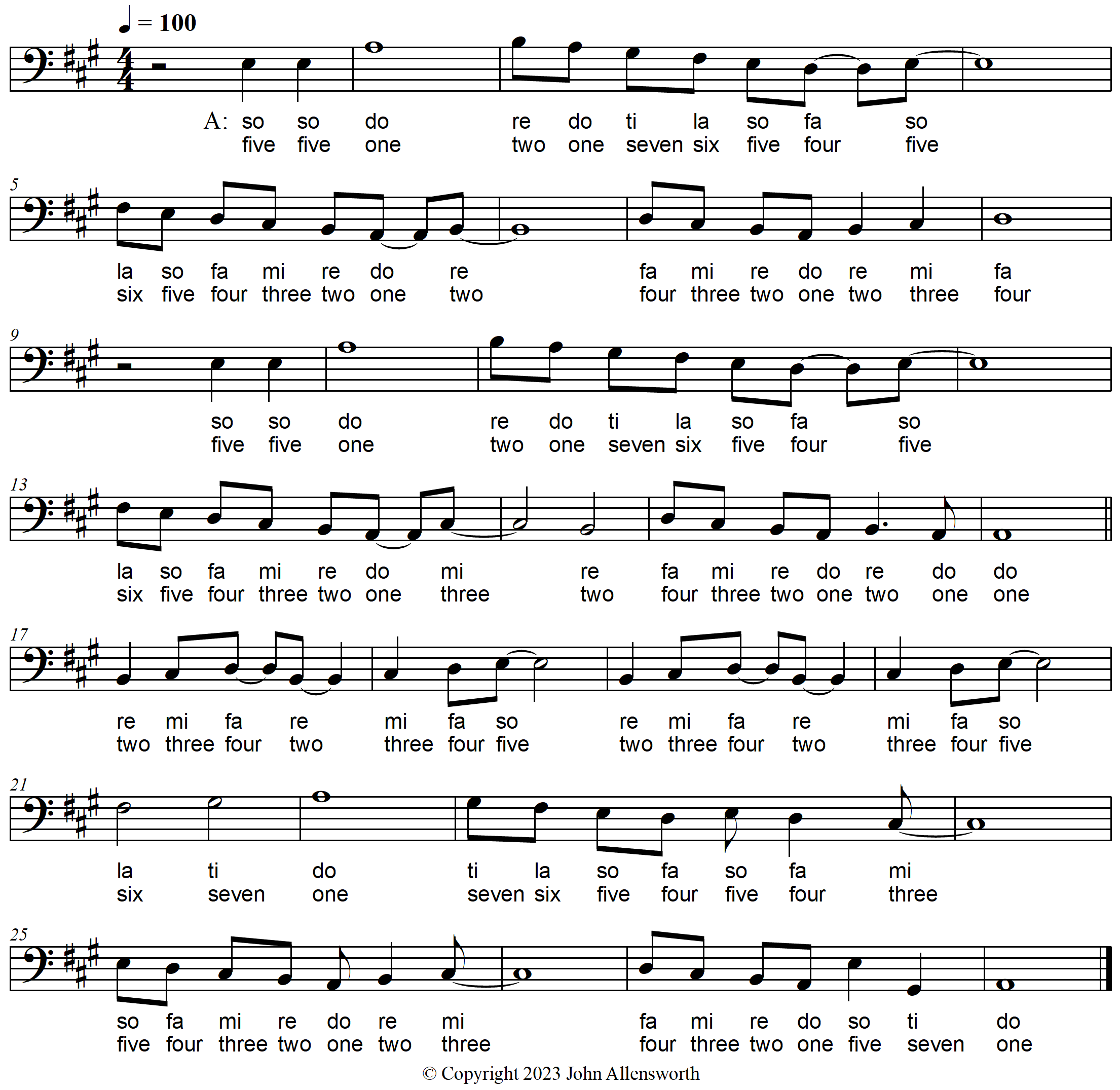 Happy in June, composed by John Allensworth, with solfege and scale degree numbers